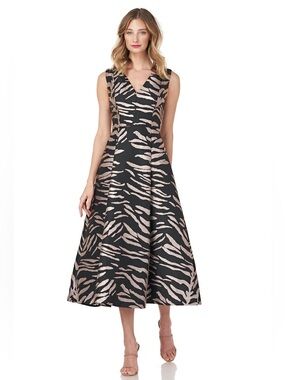 Kay Unger Tibby Dress Size 8 Black Gold Zebra Jacquard Midi Fit Flare